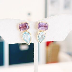 MR 14K Yellow Gold Purple Amethyst Blue Topaz Modern Earrings 2.34G